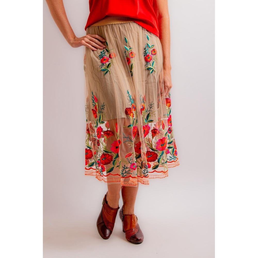 Aratta Silent Journey Skirt Floral Embroidered Cottage Fairy Boho Small